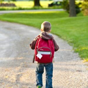 Petit garçon dans un marc avec cartable